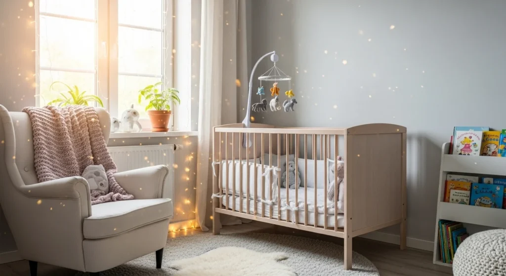 crib near window string lights bright cozy nursery corner