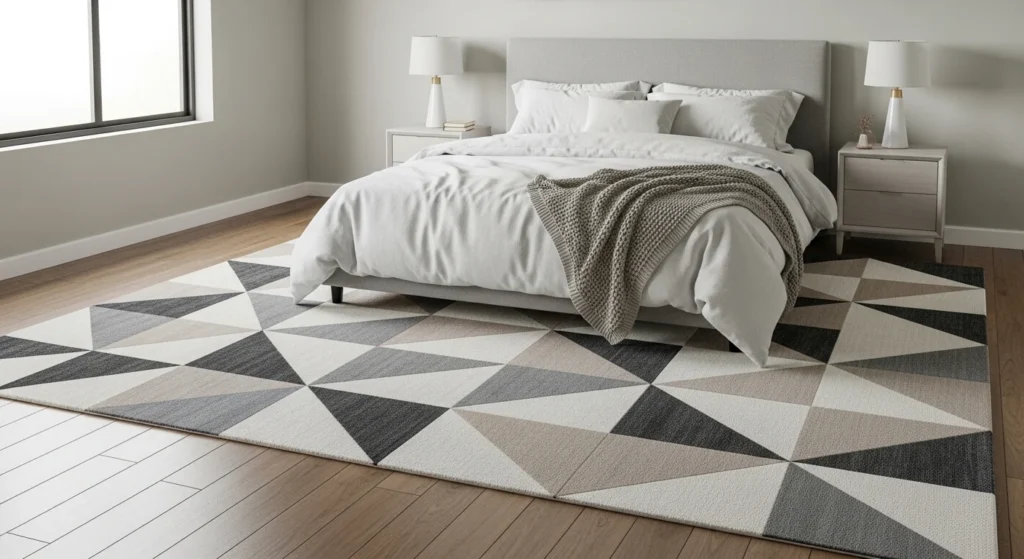 geometric rug bedroom modern pattern clean lines cozy decor