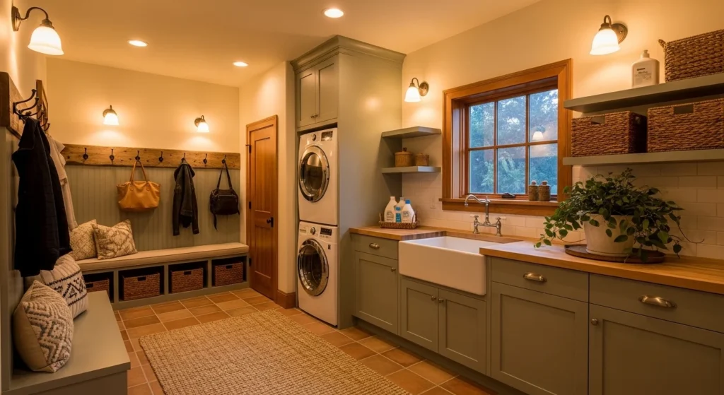 cozy mudroom laundry combo warm lighting inviting soft glow design