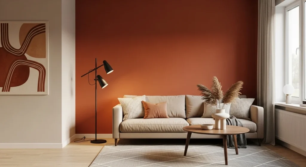 dark orange feature wall beige sofa bold modern cozy living room