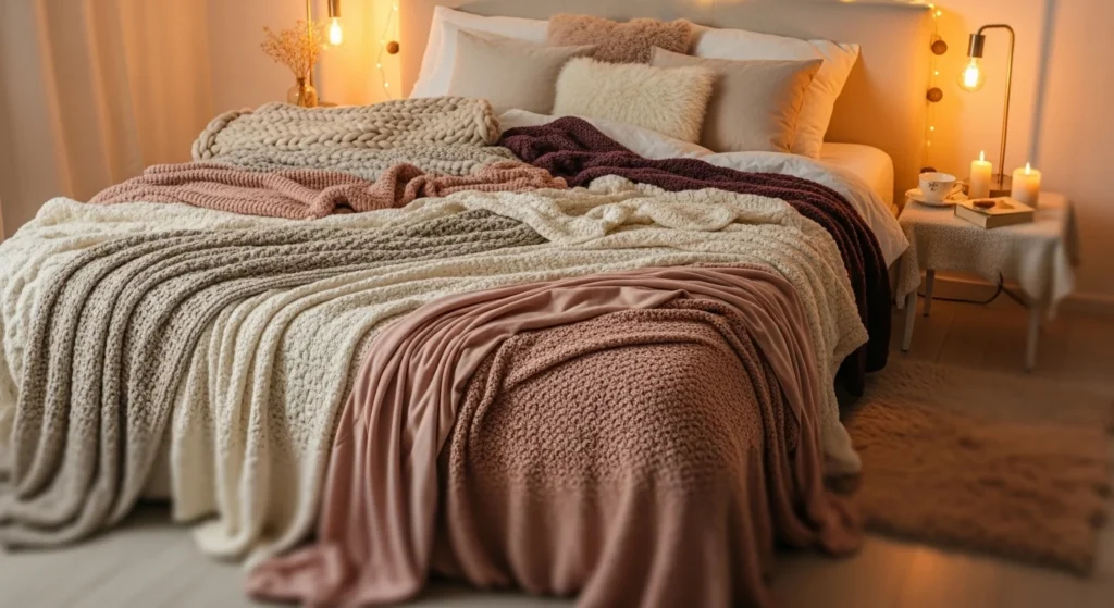 cozy romantic bed layered blankets soft textures warm lighting