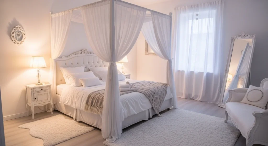 elegant white romantic bedroom soft lighting cozy dreamy aesthetic