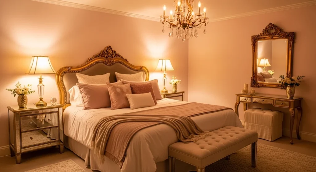 glam romantic bedroom gold accents luxury cozy lighting elegant design
