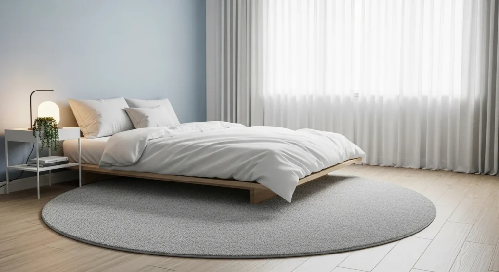 round bedroom rug soft layout cozy serene modern design