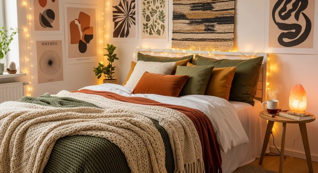 cozy textured bedroom posters string lights layered warm aesthetic design