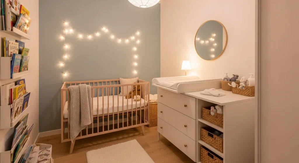 compact modern nursery bedroom crib string lights clean cozy layout