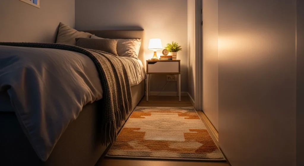 small accent rug near bed cozy compact bedroom decor