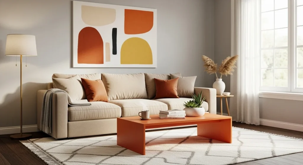 beige sofa orange coffee table decor cozy modern living room styling