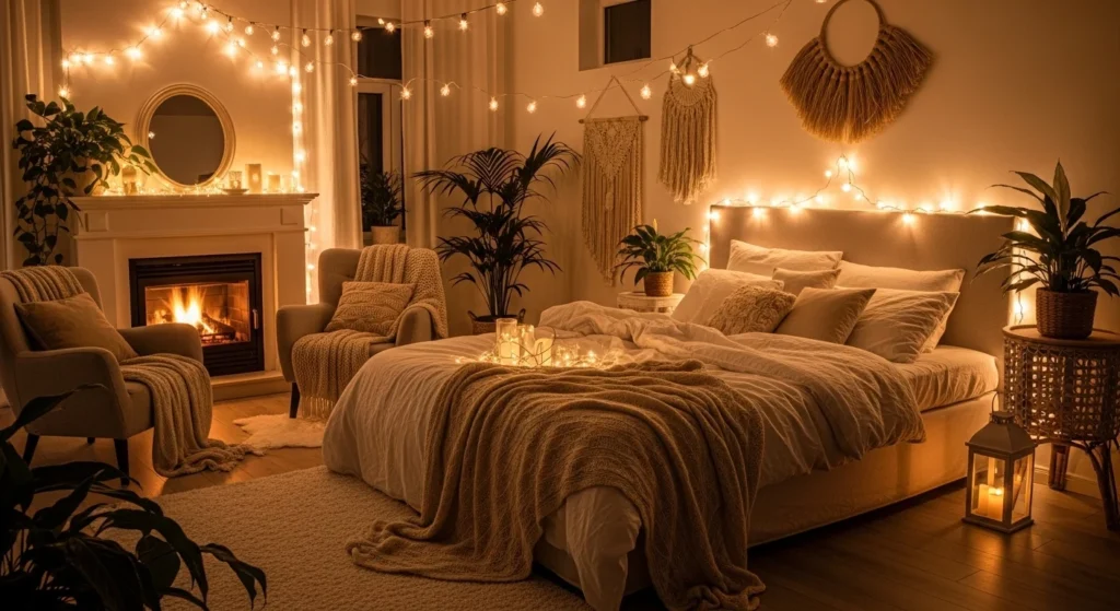 cozy romantic bedroom string lights warm glow couple aesthetic