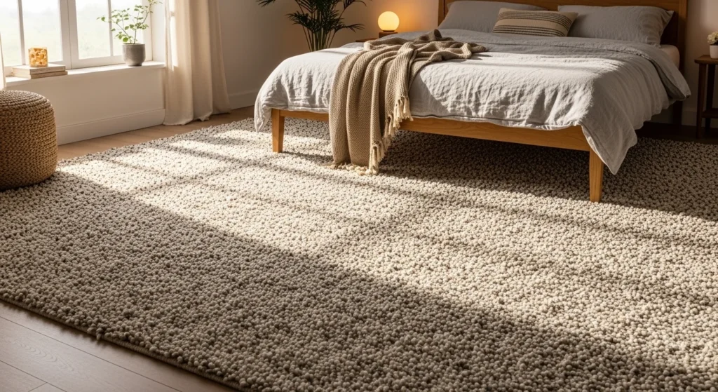 textured wool bedroom rug cozy warm soft serene aesthetic