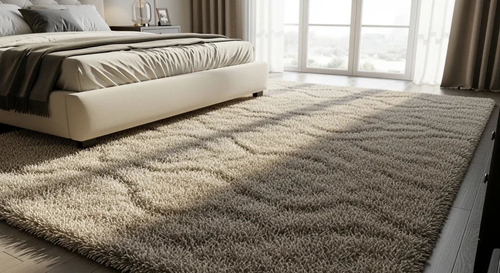 patterned neutral rug bedroom soft tones elegant modern aesthetic