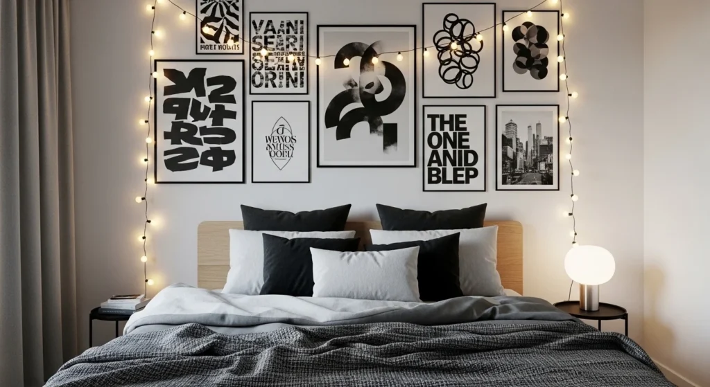 monochrome bedroom graphic posters string lights modern cozy black white design