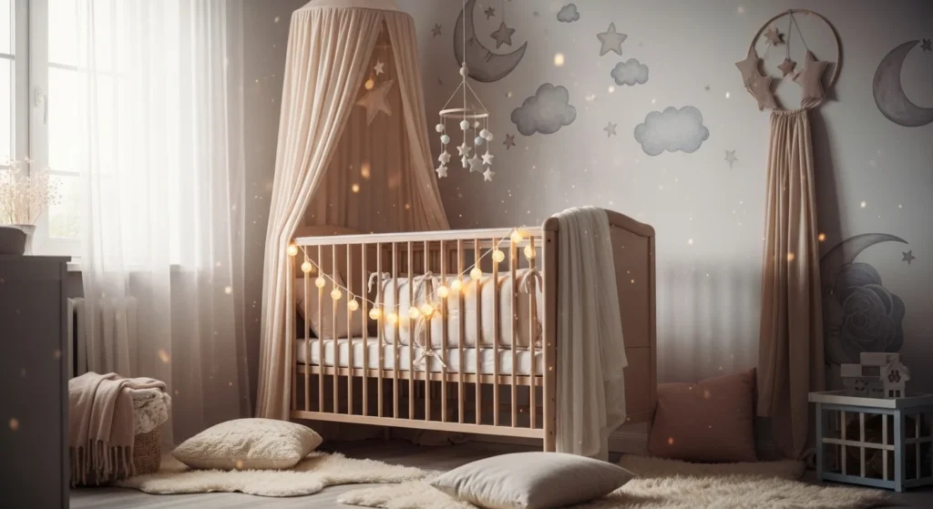 dreamy nursery bedroom crib fairy lights soft cozy magical aesthetic