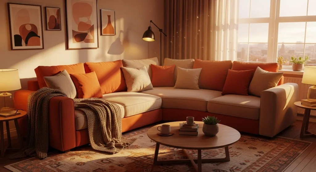 sunset inspired living room orange beige sofa warm glowing cozy aesthetic