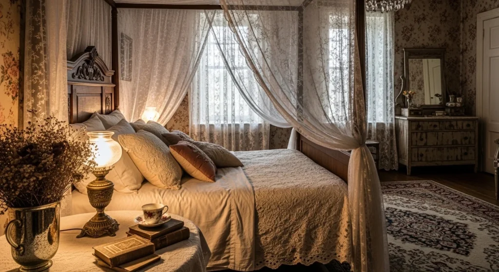 vintage romantic bedroom antique decor soft lighting cozy aesthetic