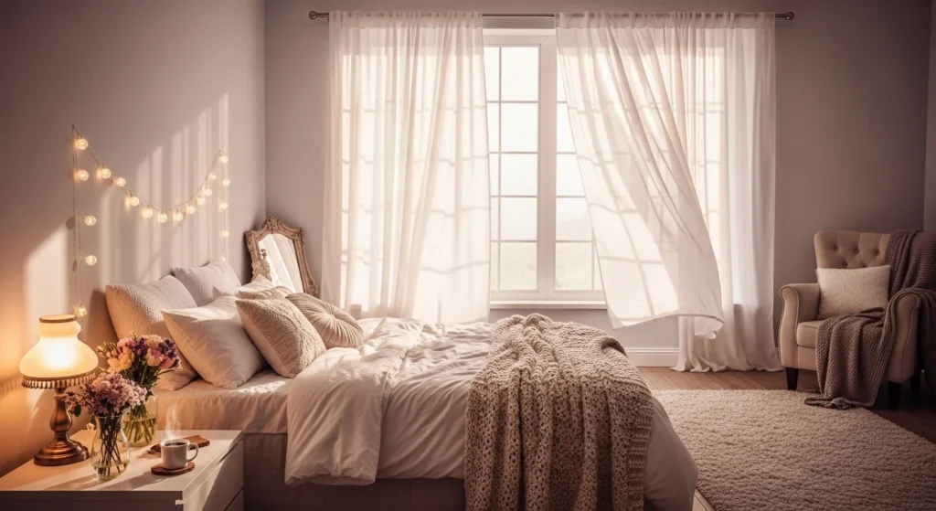 romantic bedroom sheer curtains soft lighting dreamy cozy aesthetic