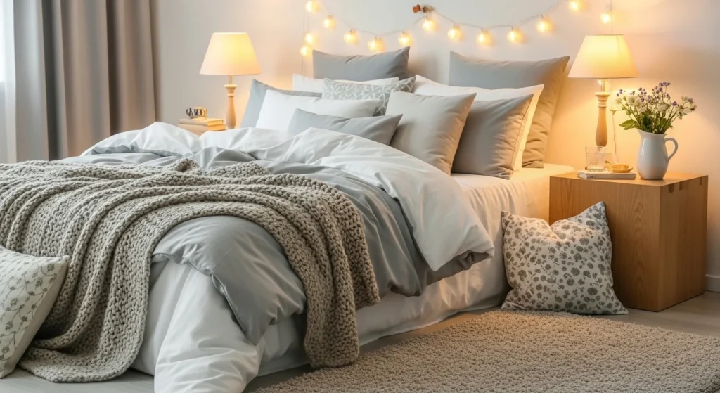 romantic bedroom layered bedding soft textures cozy couple aesthetic