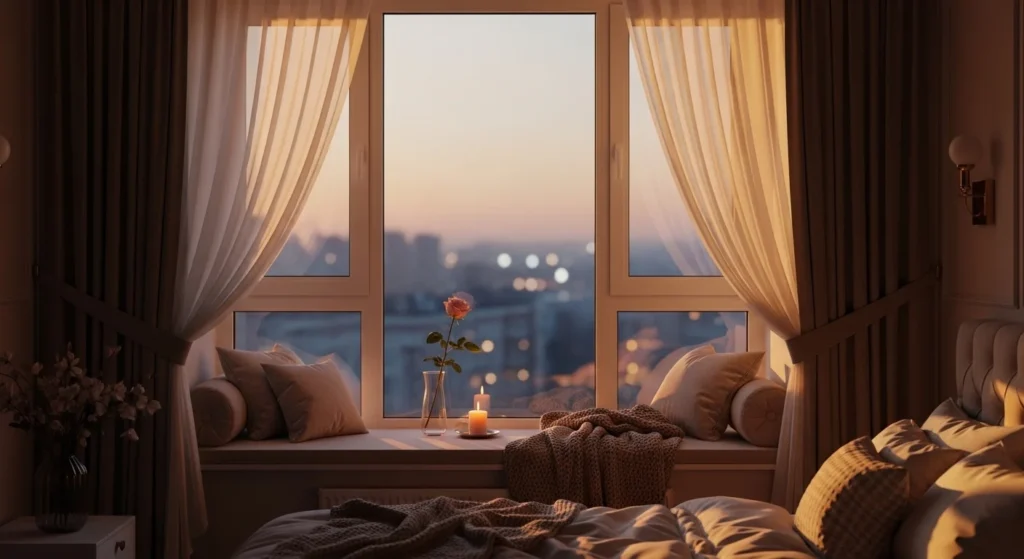 romantic bedroom window side soft curtains cozy warm lighting