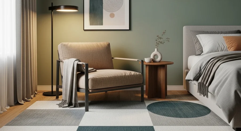 rug under seating area bedroom cozy chair corner modern design