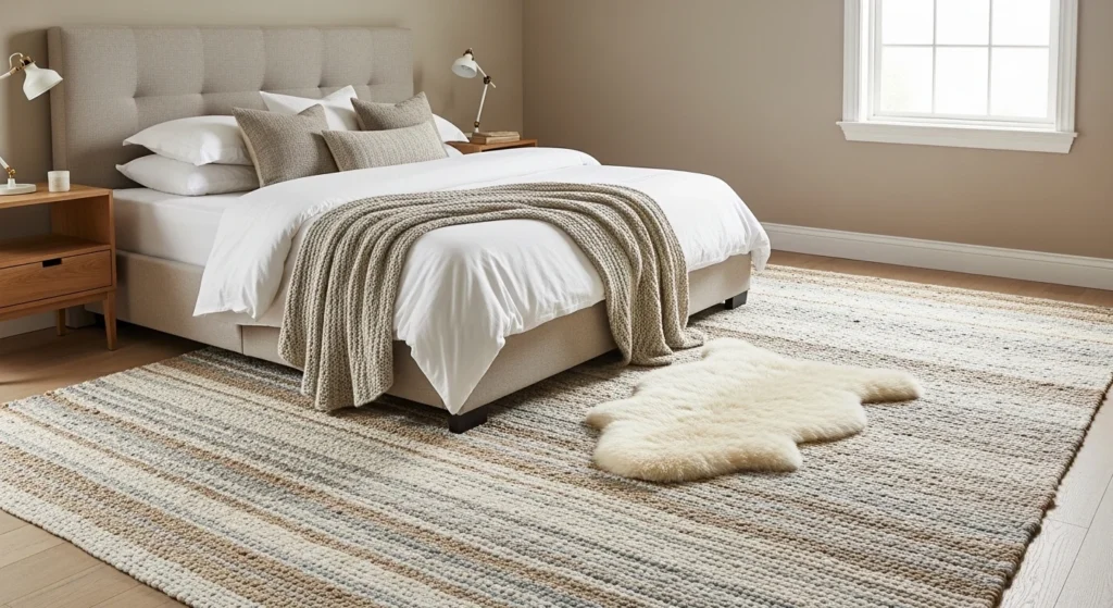 layered neutral rugs bedroom luxury cozy soft tones aesthetic