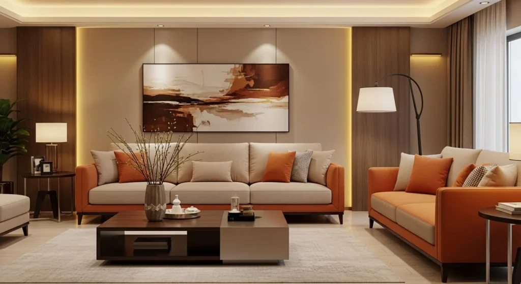 luxury living room orange beige sofa elegant warm lighting premium design