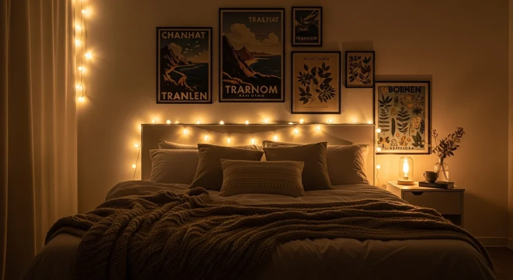 romantic cozy bedroom posters soft string lights warm aesthetic design