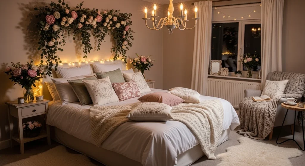 romantic bedroom floral decor soft lighting cozy aesthetic