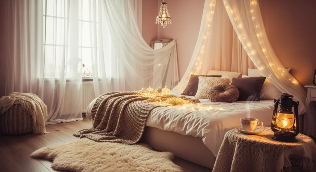 dreamy romantic bedroom fairy lights soft textures cozy magical aesthetic