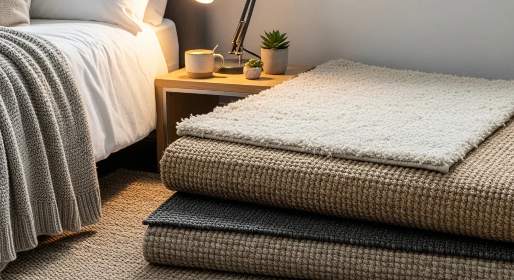 layered bedside rugs cozy bedroom texture modern aesthetic design
