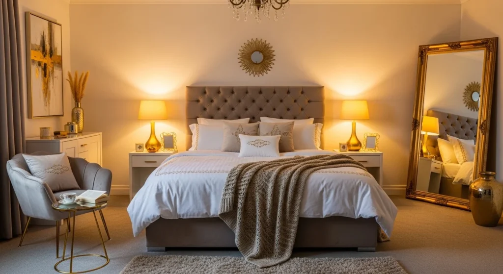 romantic bedroom gold accents soft lighting elegant cozy aesthetic