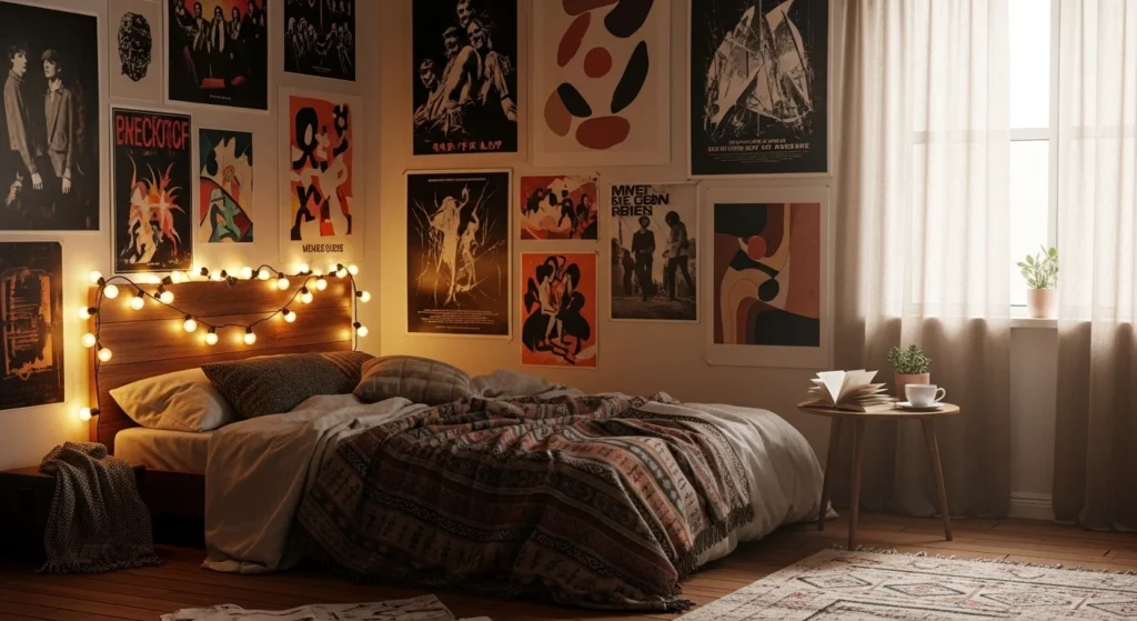 indie aesthetic bedroom posters string lights cozy artistic modern design