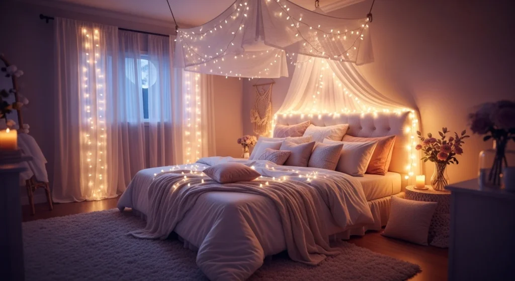 dreamy romantic bedroom fairy lights cozy magical couple aesthetic