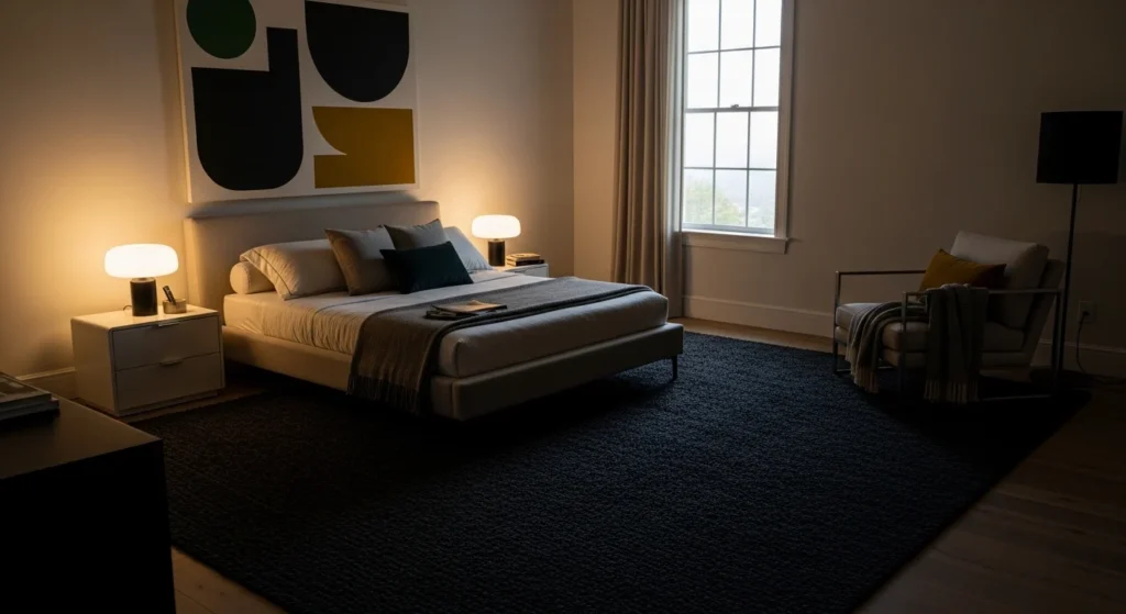 dark rug bedroom contrast bold modern cozy interior design