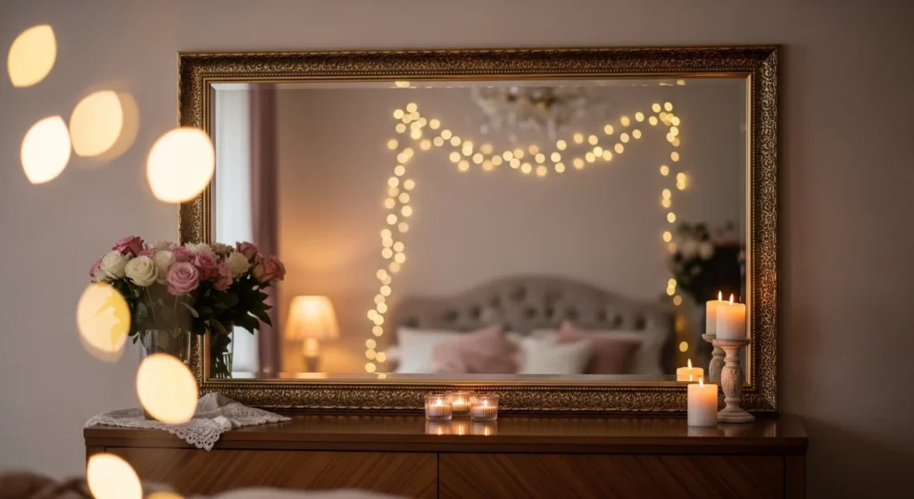 romantic bedroom mirror decor soft lighting cozy elegant aesthetic