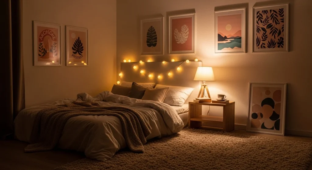 cozy night bedroom posters warm lights soft aesthetic relaxing room design