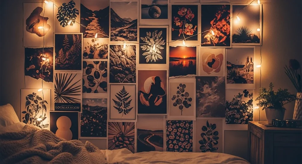 aesthetic bedroom wall collage posters fairy lights cozy glowing room design
