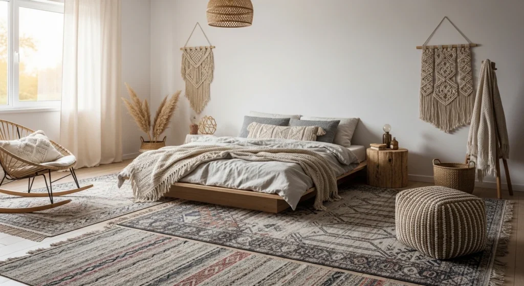 layered rugs bedroom cozy textures boho modern aesthetic