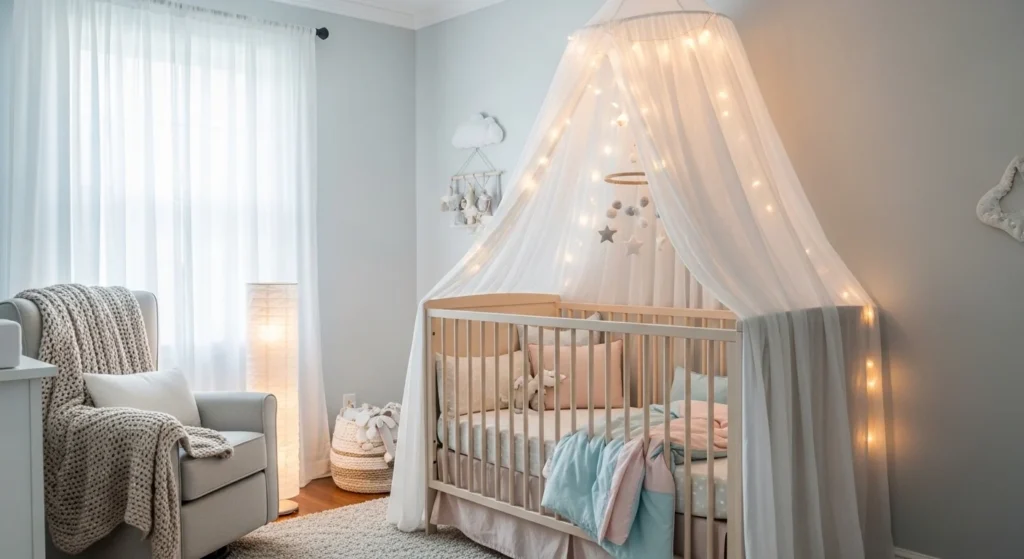 canopy crib with fairy lights soft drapes dreamy nursery bedroom
