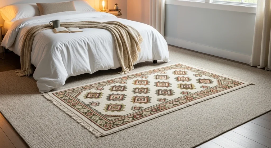 layered rugs bedroom neutral base with patterned rug cozy texture