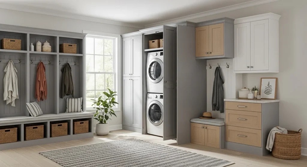mudroom laundry combo built in cabinets hidden washer dryer organized