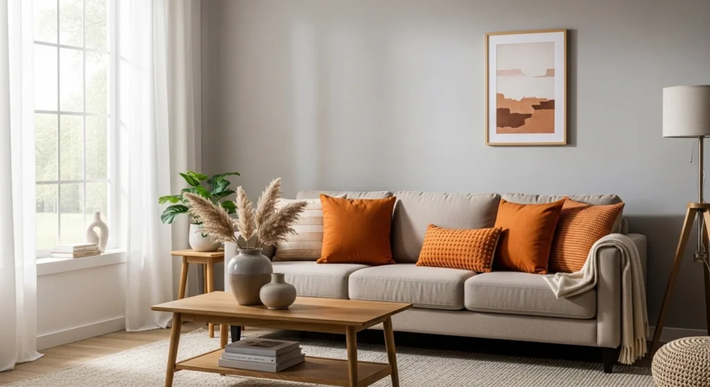 beige sofa with orange throw pillows cozy modern living room decor