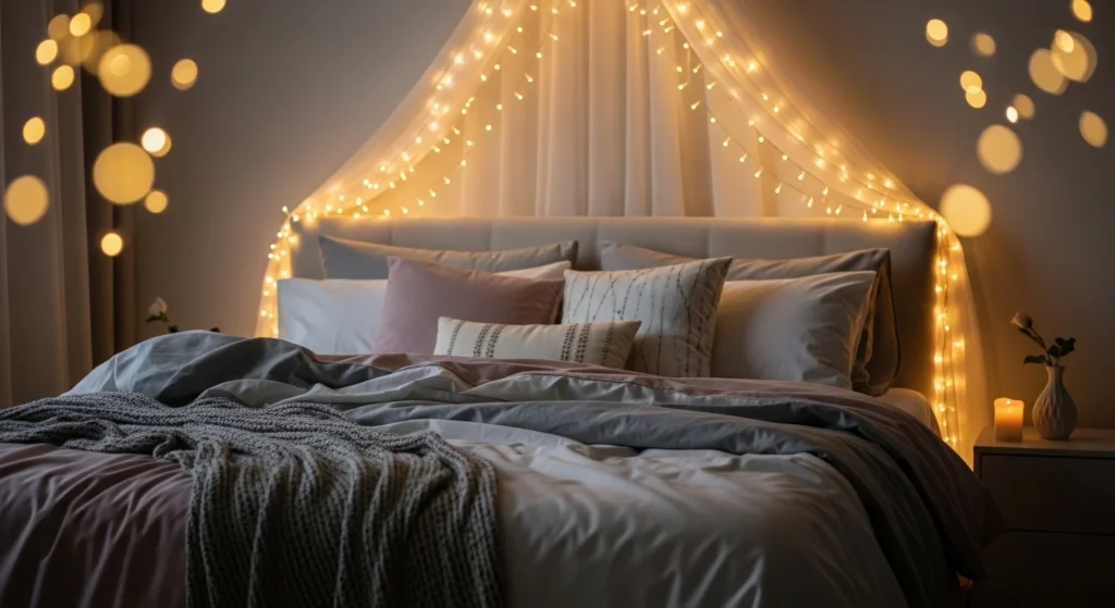 romantic bedroom fairy lights headboard soft glow cozy aesthetic