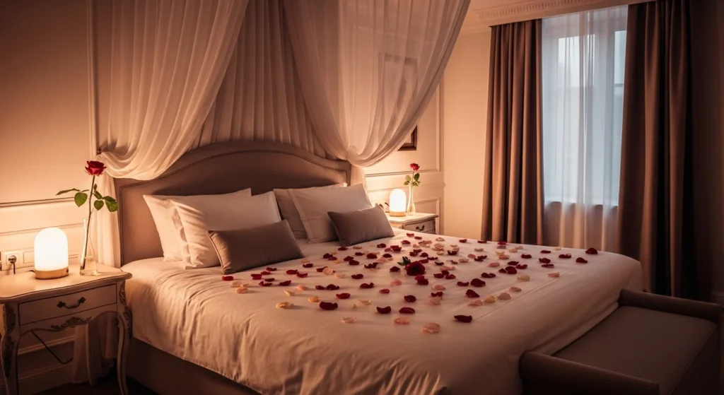 romantic bedroom rose petals bed soft lighting elegant cozy setup