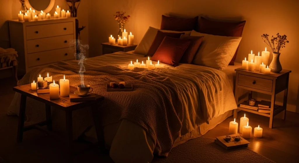 candle light bedroom romantic cozy warm intimate couple setup