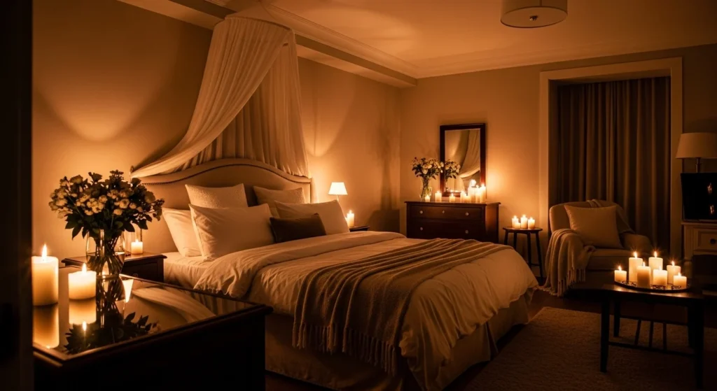 romantic bedroom candlelight warm glow cozy intimate setup