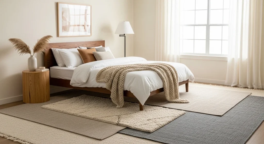 layered bedroom rugs cozy textures neutral base stylish serene design