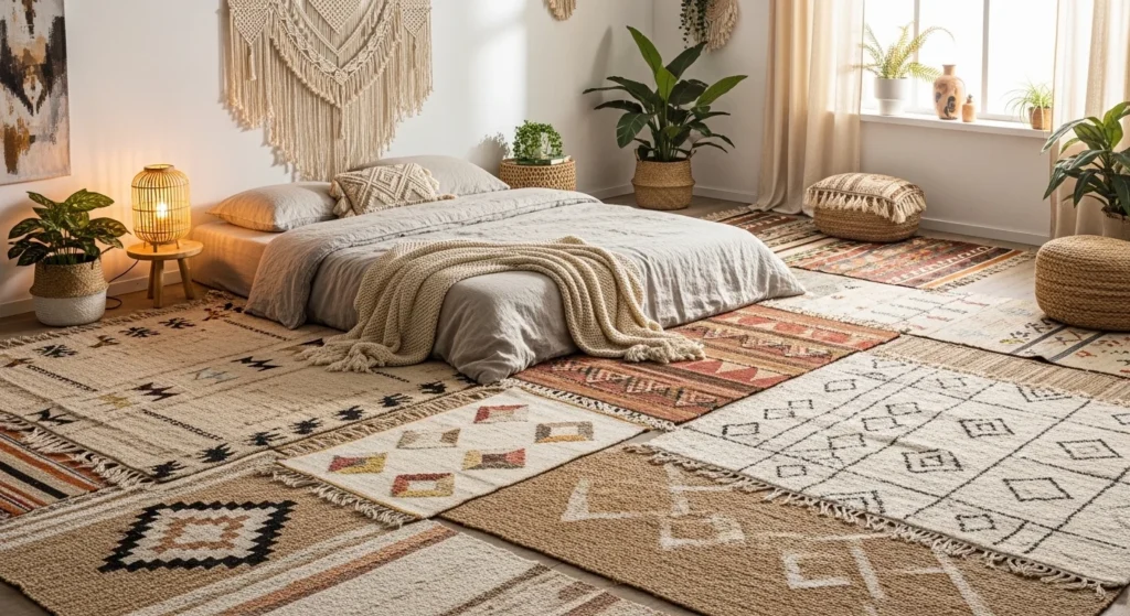 layered rugs bedroom styling textured boho aesthetic cozy modern look