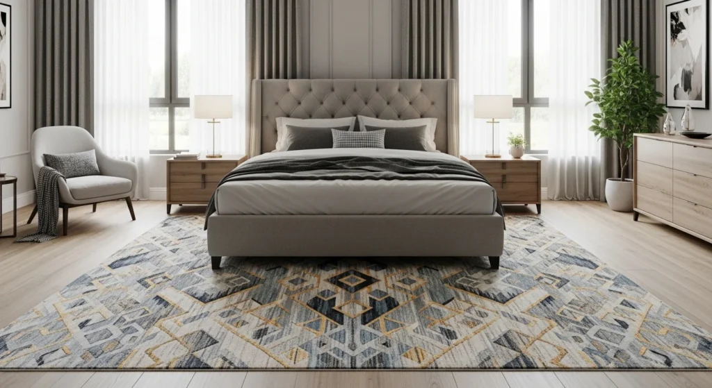 symmetrical rug placement bedroom balanced modern clean cozy design
