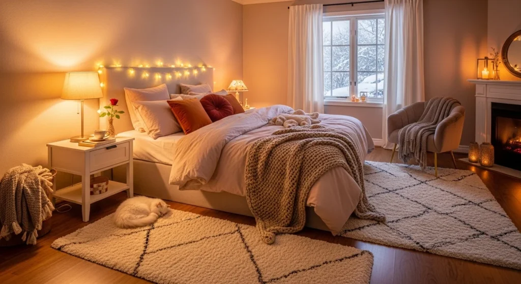 cozy romantic bedroom soft rugs warm lighting comfortable aesthetic
