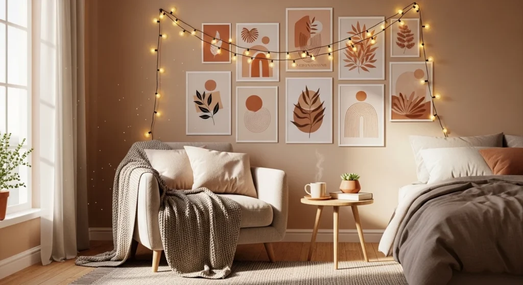 cozy bedroom corner setup posters string lights small warm aesthetic design